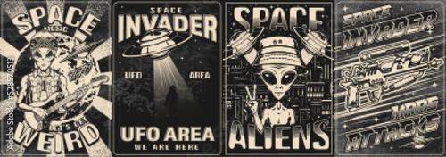 Alien activity set monochrome posters