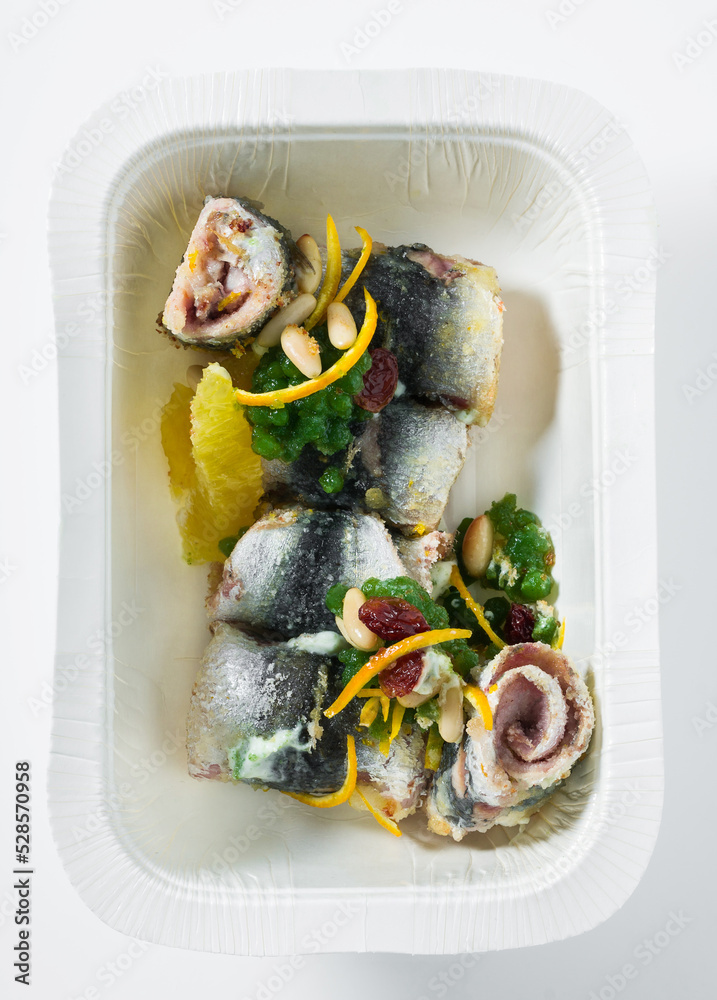 sardine rolls with parsley caviar. and citrus. high restaurant cuisine