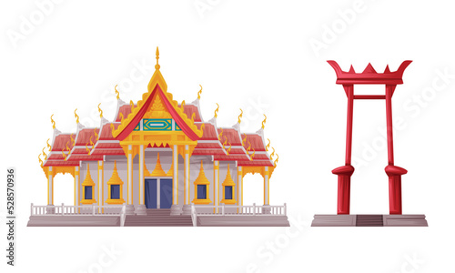 Marble Temple and Giant Swing as Thailand Symbol and Famous Landmark Vector Set