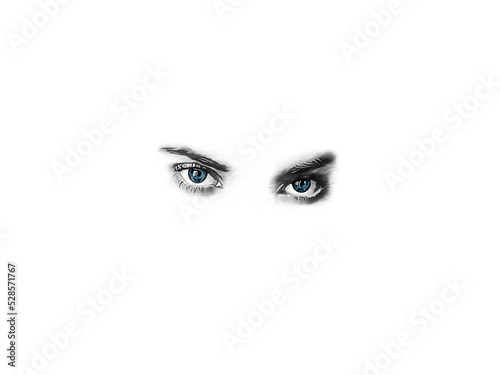 Beautiful sexy drawn female eyes with blue, eyeball isolated on white background. Black and white illustration of the eyes, the eyeballs are highlighted in blue. Blue eyes © Life Background