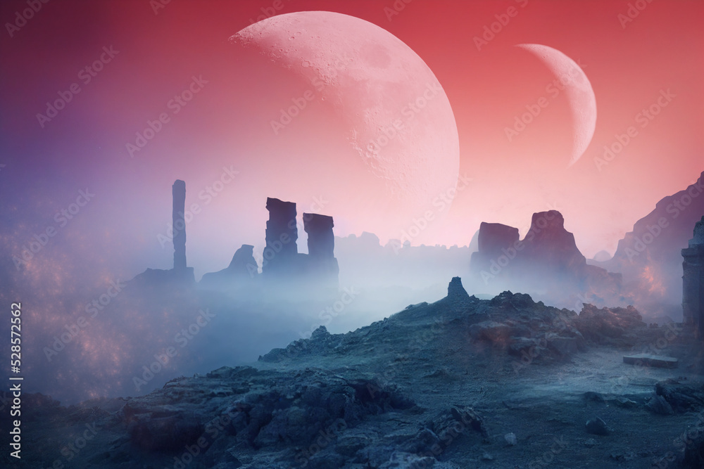 3d rendered Space Art: Alien Planet - A Fantasy Landscape with red skies and planets