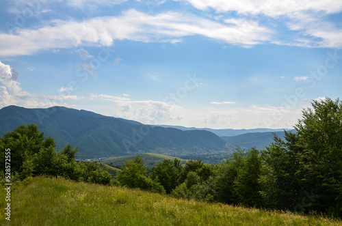 Panoramic summer landscape with village is situated on the green spacious meadows between high mountains and surrounded by forests