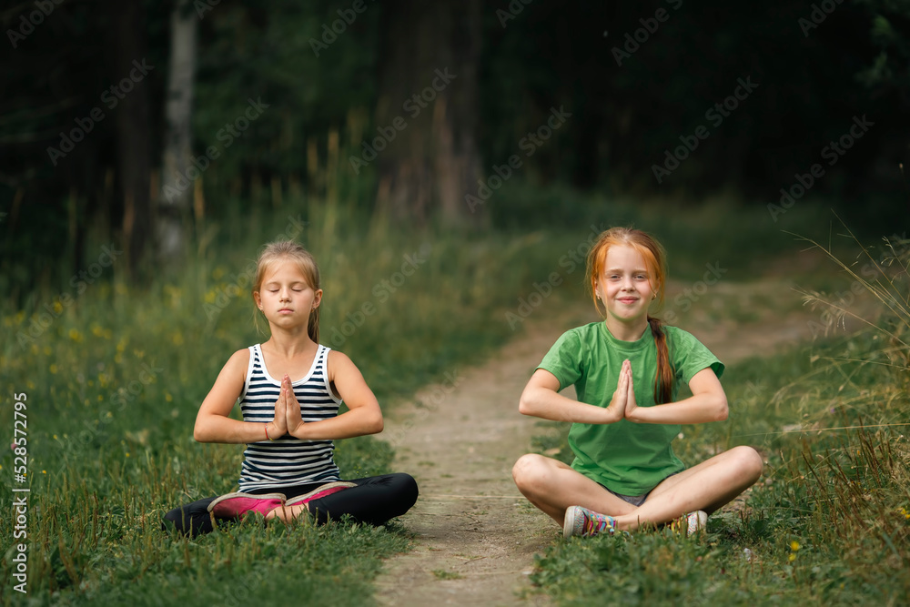 Two girls girlfriends meditate in the park. Two girls girlfriends meditate in the park.