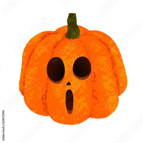 Cute carved pumpkin with a surprised face isolated on white background. Halloween pumpkin painted with chalk