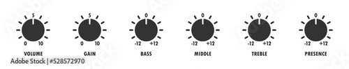 Control knobs. Adjusting regulator icons. Flat vector illustration.