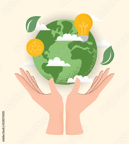 Vector illustration of human hand holding Earth globe, Recycle icon, light bulb, leaves and clouds. Concept of World Environment Day, Save the Earth, sustainability, ecological zero waste lifestyle