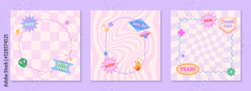 Vector set of cute fun templates with frames,patches,stickers in 90s style.Modern symbols in y2k aesthetic with text.Trendy groovy designs for banners,social media marketing,branding,packaging,covers