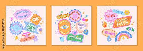 Vector set of cute funny templates with patches and stickers in 90s style.Modern symbols in y2k aesthetic with text.Trendy kidcore designs for banners,social media marketing,branding,packaging,covers