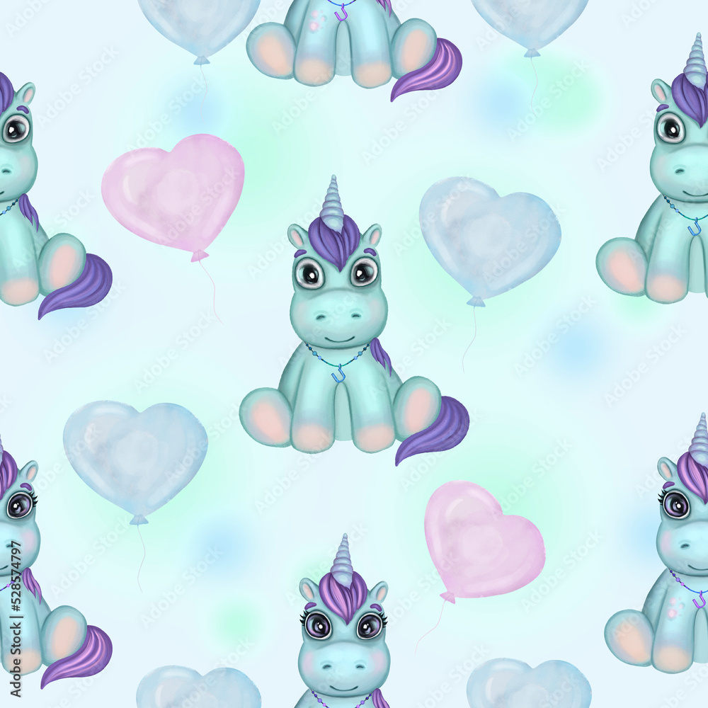 Cute baby unicorn with colorful balloons seamless pattern. Hand drawn watercolor adorable unicorn with balloons digital paper. Isolated on blue background. Design for kid wrapping design