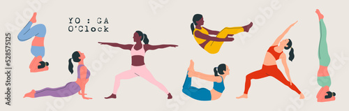 Women wearing sportswear doing Yoga. Young slim girls doing yoga. Hand drawn colored Vector illustrations. Weight Loss. Health care and lifestyle concept. Female yoga.