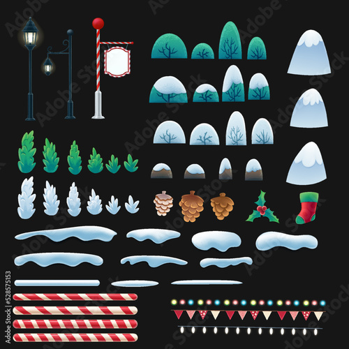 set of brushes and decorative icons for christmas and winter