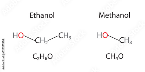 Ethanol ve methanol molecular models and chemical formulas of alcohol compounds.
