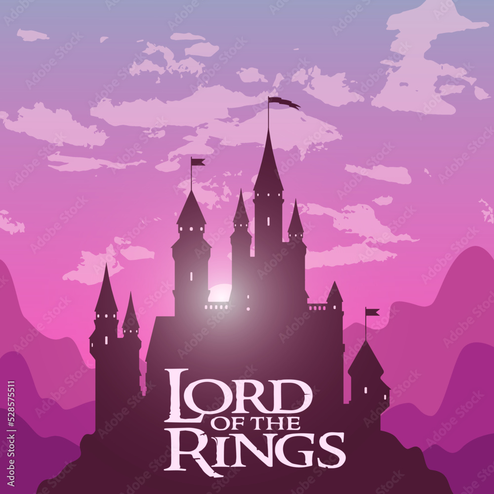 Silhouette of a medieval castle on the backdrop of mountains and rising sun as cover, poster, wallpaper or background. Poster for the The Rings of Power - prequel The Lord of the Rings.