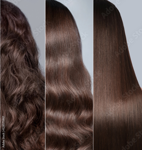 Woman before after recovery her hair. Rear view, straight and curls.