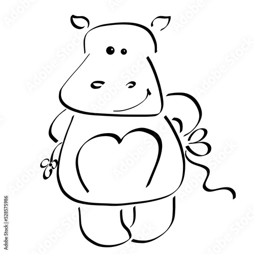 Funny fat hippo hides a gift and a flower behind his back  black outline on a white background