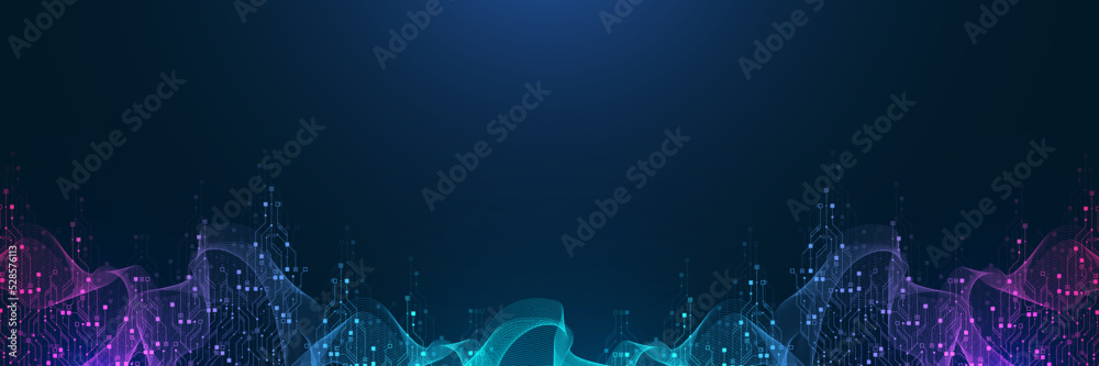 Quantum computer technologies concept. Futuristic blue circuit board background vector. Modern technology circuit board texture background design. Waves flow. Quantum explosion technology. - obrazy, fototapety, plakaty 