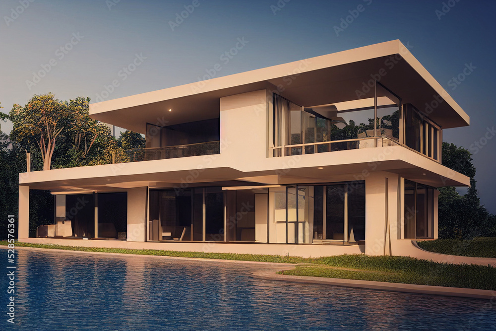 Fototapeta premium 3d rendering modern white house with pool.