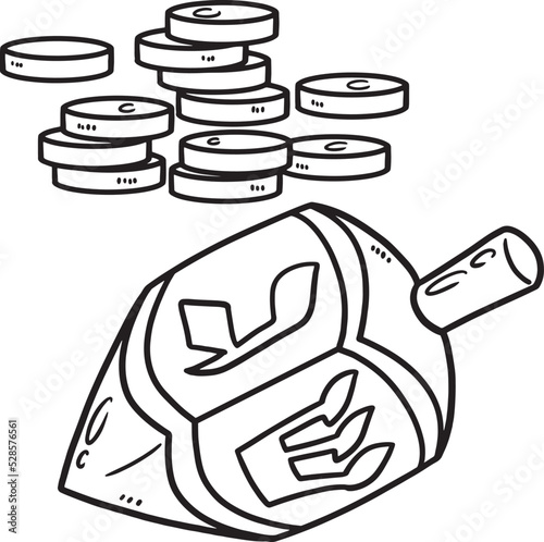 Hanukkah Dreidel and Coins Isolated Coloring Page