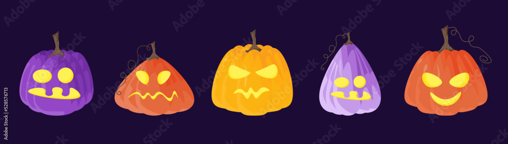 Set of scary carved Halloween pumpkins with a creepy face, Jack-o-lantern, Halloween holiday symbol symbols. Collection of vector illustrations for holiday decor, postcards, invitations, banner Set of scary carved Halloween pumpkins with a creepy face, Jack-o-lantern, Halloween holiday symbol symbols. Collection of vector illustrations for holiday decor, postcards, invitations, banner