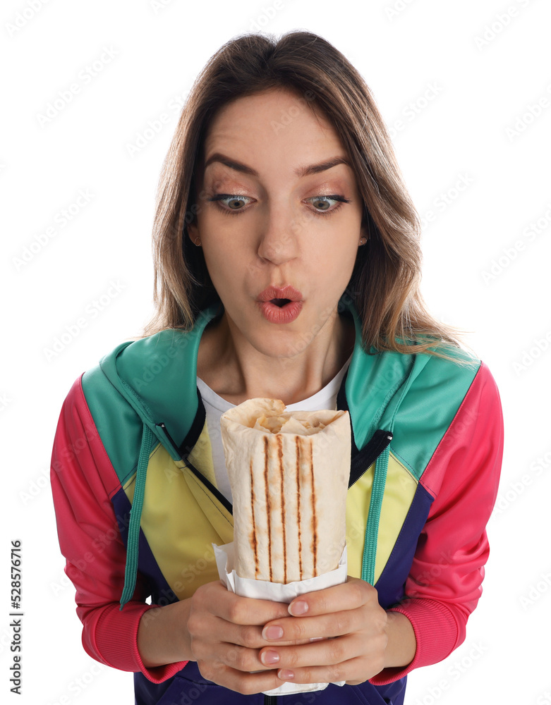 Emotional woman with delicious shawarma on white background Emotional woman with delicious shawarma on white background