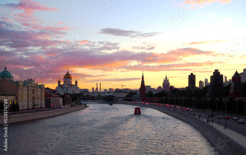 view from the bridge to the Kremlin, Moscow river and Moscow City. Panorama at sunset, Moscow, Russia