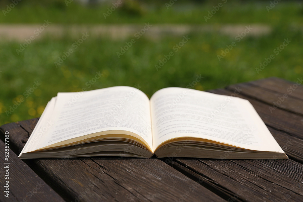 Open book on wooden table in park
