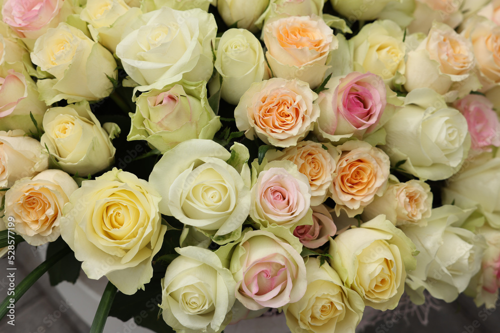 Bouquet of different beautiful roses, above view Bouquet of different beautiful roses, above view