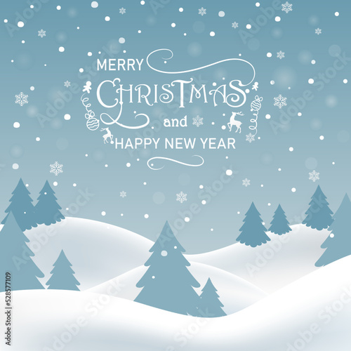 Christmas background with calligraphy. Winter landscape on background snowfall. Vector