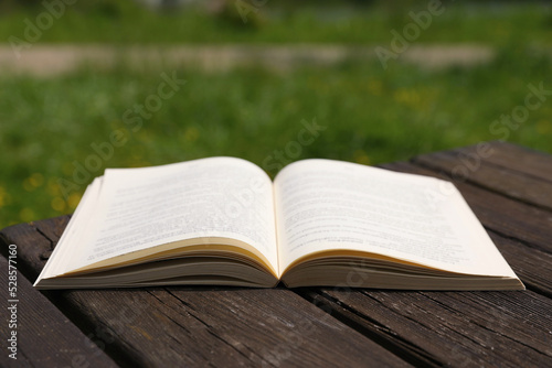 Open book on wooden table in park