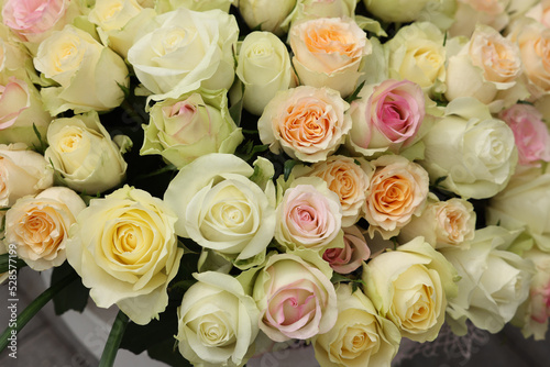 Bouquet of different beautiful roses  above view