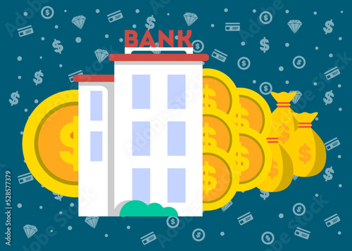 Financial investment banner with bank building vector illustration. Investing in securities and bank deposits. Financial strategic management, saving money, invest planning concept in flat design