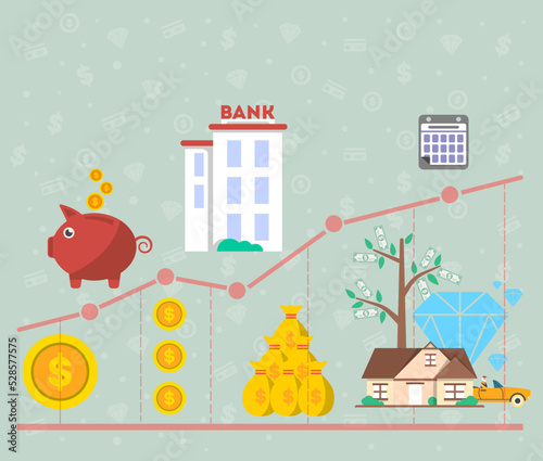Investment in old age infographics vector illustration. Presentation of retirement money plan, financial growing diagram, finance and banking, strategic management of pension finance, life to retire