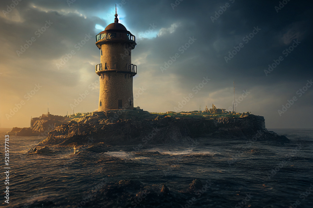 Lighthouse in the Storm. Fantasy Landscape.