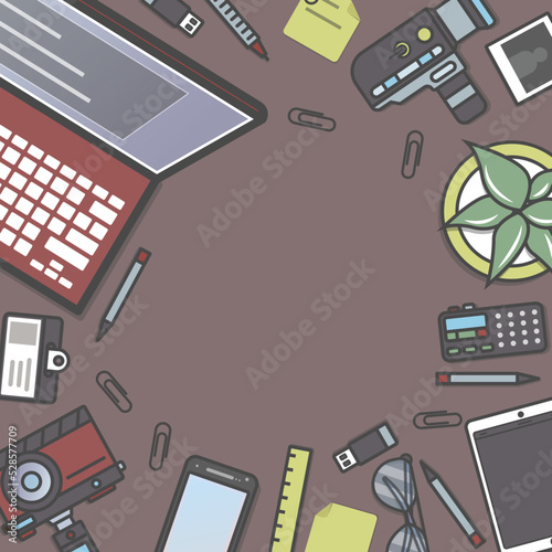 Professional journalism background vector illustration. Journalist workplace, mass media and press, online blogging, newsletter. Laptop, camera, smartphone, tablet, voice recorder, notebook.