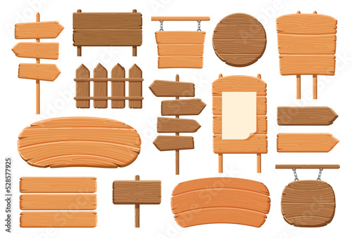 Set of pointers signs and planks. Wooden signboard collection. Vector illustration isolated on white background