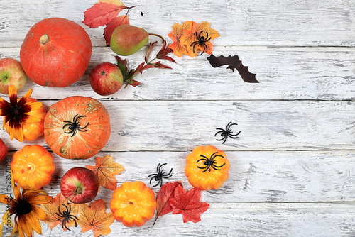 Happy Thanksgiving concept, postcard, Autumn background with seasonal pears, pumpkins, apples, spiders and leaves on wooden background, copy space, Harvest, gifts of nature, selective focus. photo