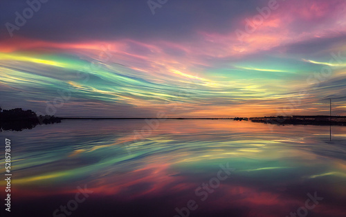 Beautiful Nature Background. Amazing Colorful Clouds and Water Reflections.