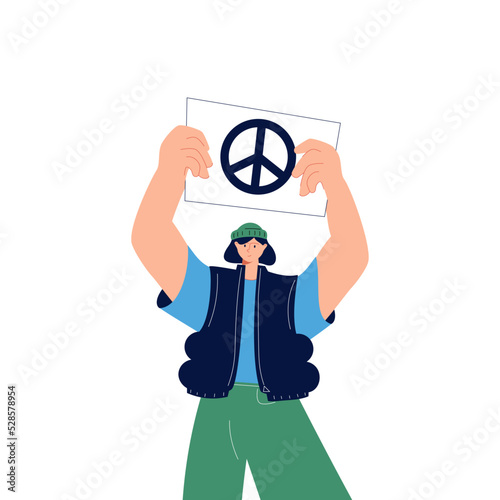 Person standing and holding Placard or Banner. Humanism, protest, demonstration, revolution, no war, peace, humanity