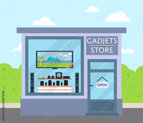 Facade gadgets store with sign board and electronic technics in shop window vector illustration. Retail concept with front shop along city street. Trade business, shopping advertising in flat design