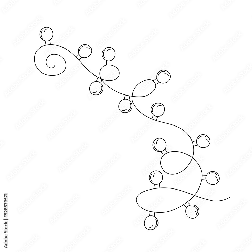 Christmas lights curly string garland simple doodle hand drawn vector illustration, outline image for winter New Year holiday, birthday events design