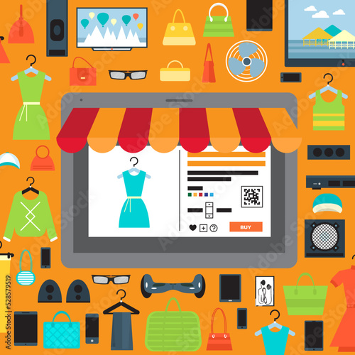 Online shopping in mall infographic vector illustration. Ecommerce concept with shop website in tablet computer screen. Buy in internet clothes, electronic technics and other at home, online retailer