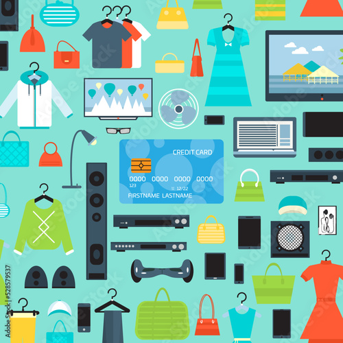 Shopping mall background in flat design vector illustration. Store concept with clothes, electronic technics and gadgets. Shopping advertising, mall retail design, sale promotion trade business.