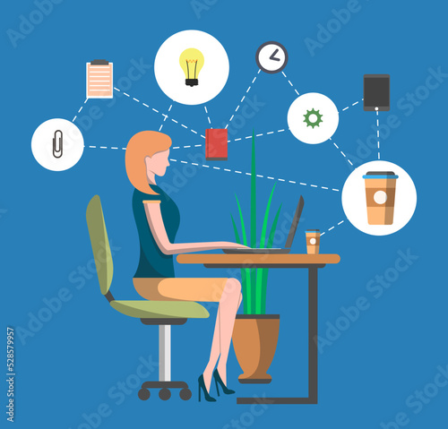 Young woman in office workplace working on laptop at table vector illustration. Business workflow infographics, self organization, time management skills concept. Business people in flat design.