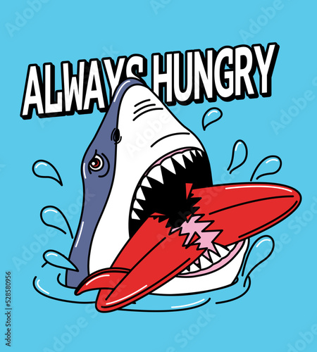 illustration hungry shark bites surfboard