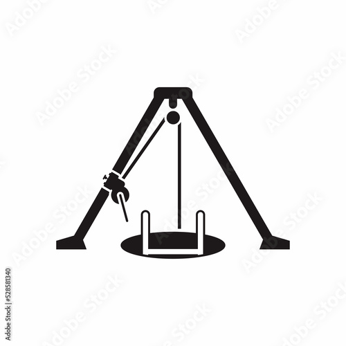 Confined space work entry icon. Tripod and manhole black style symbol.