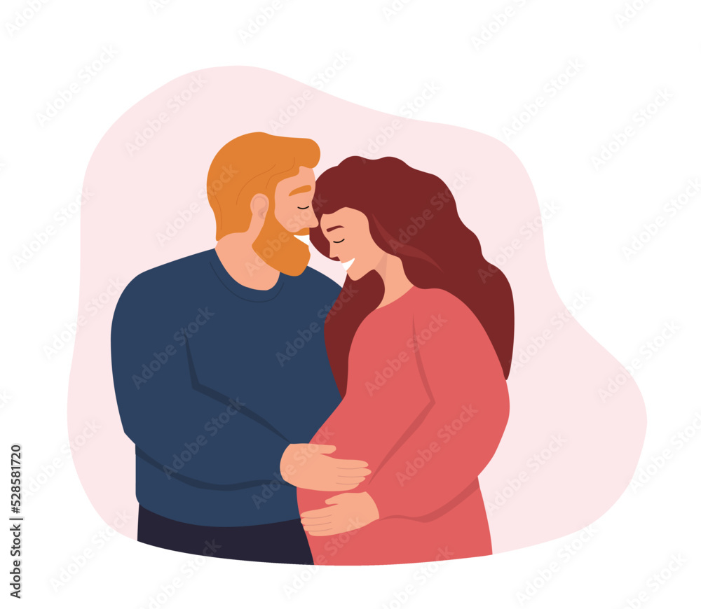 A couple of men and women, future parents expecting a child. Pregnant wife and husband hug. The concept of family, love, motherhood. Vector graphics.