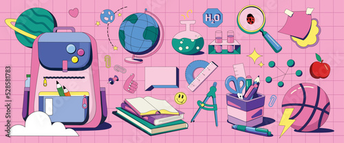 Big vector set with school subjects. Collection of flat illustrations. Globe, books, briefcase, pen holder, test tubes and everything related to science on a pink background. icons photo