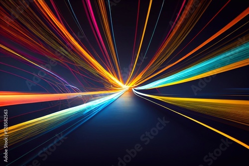 A computer generated digital illustration of an abstract futuristic bright colourful neon light trails energy style swoosh background.
