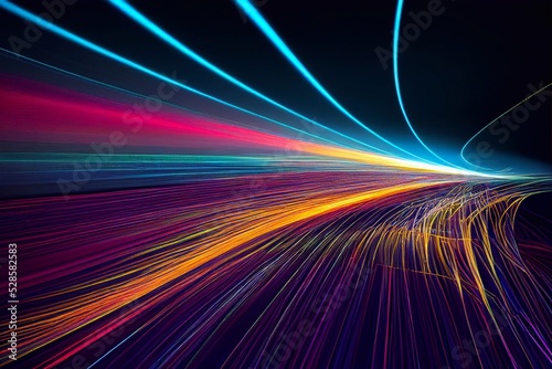 A computer generated digital illustration of an abstract futuristic bright colourful neon light trails energy style swoosh background. photo
