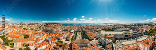 High definition Ultra wide angle aerial drone view of Baixa District in Lisbon, Portugal with major landmarks visible
